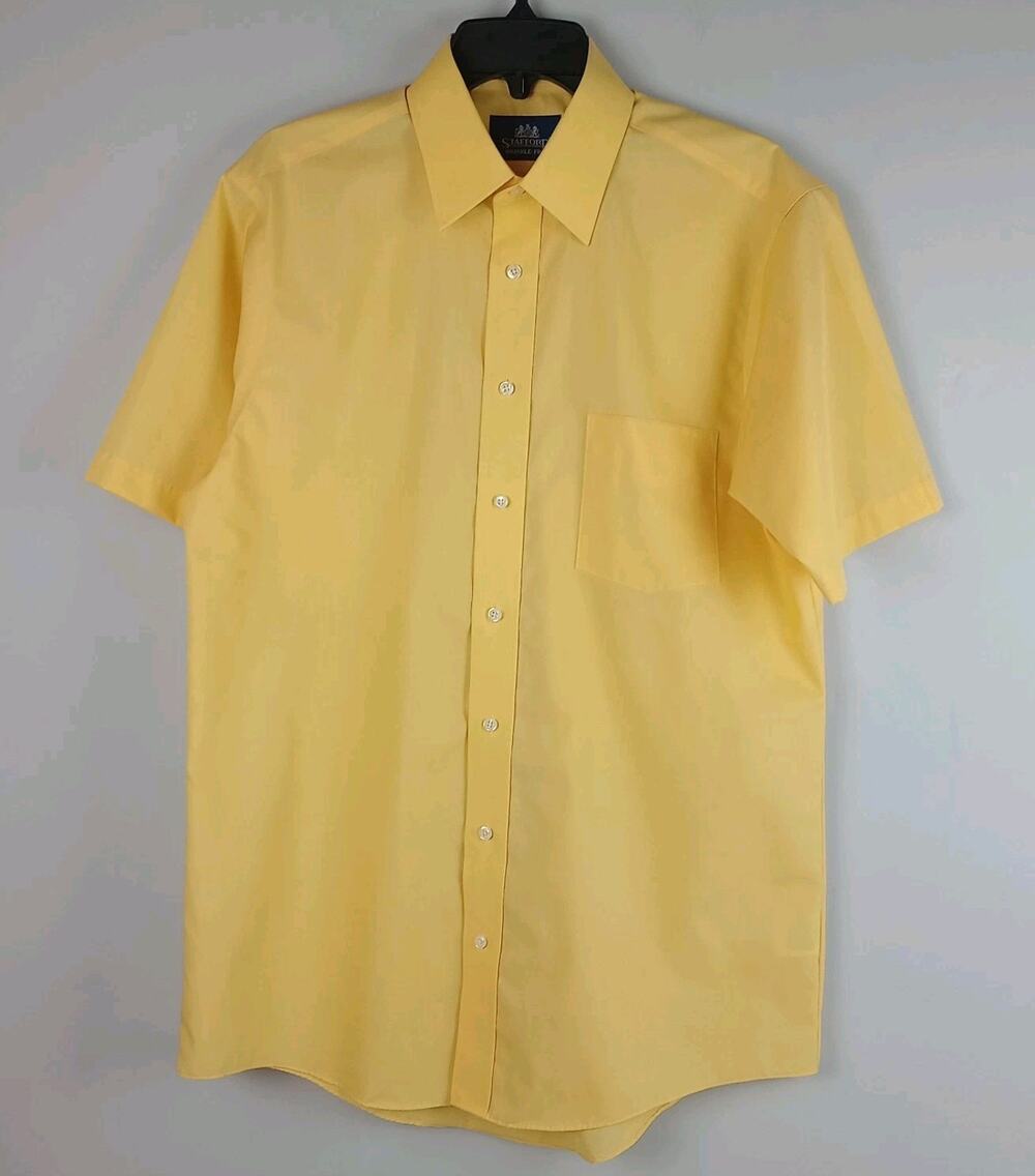 Stafford Mens 15.5 Yellow Wrinkle Free Collared Short Sleeve Button Up Shirt